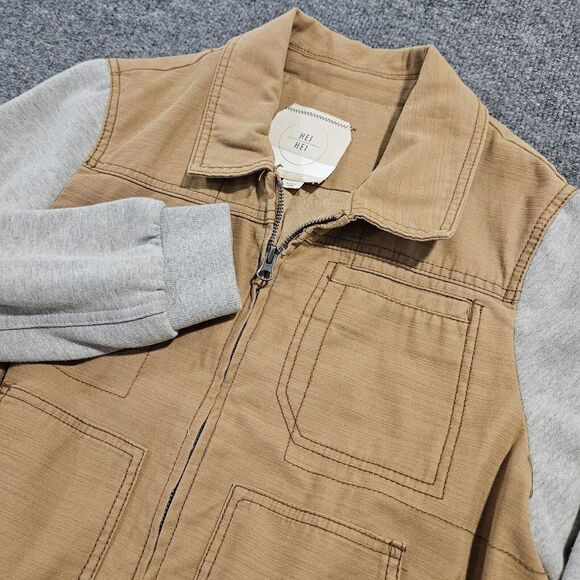 Hei Hei Anthropologie Jacket Canvas Fleece Combo Utility Size Medium Tan Gray - Picture 1 of 8